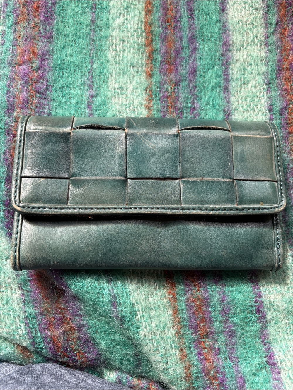 Woven Leather Trifold Wallet - Teal